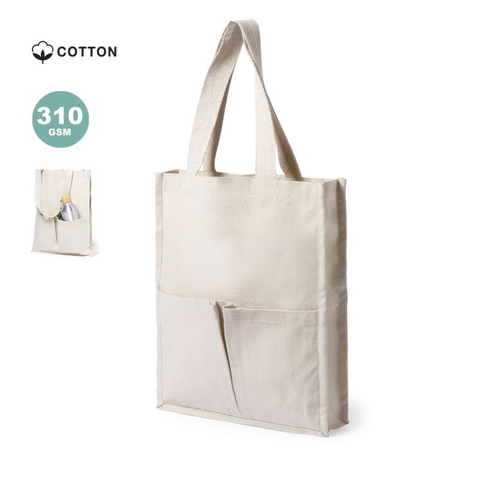 Bolsa de algodón de acabado natural y en gramaje extra de 310g/m2. Con dos bolsillos exteriores 33 x 40 x 7.5 cm
