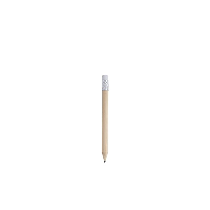 Mini lápiz de madera en acabado natural con goma. Cuerpo redondo.